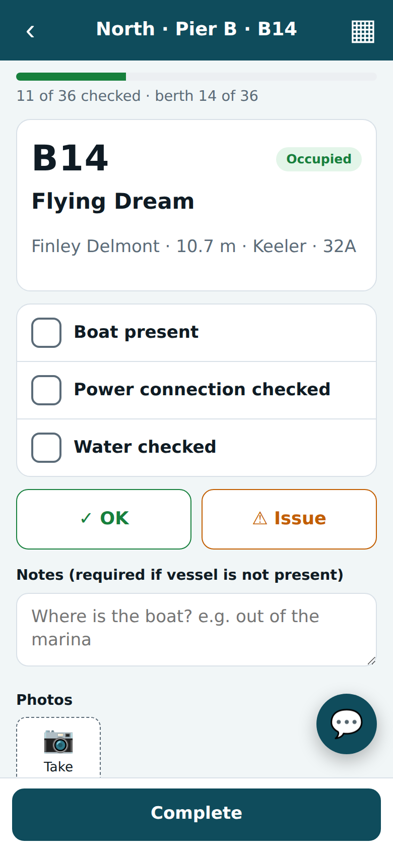 Checking berth B14: boat present, power and water checks, OK or Issue