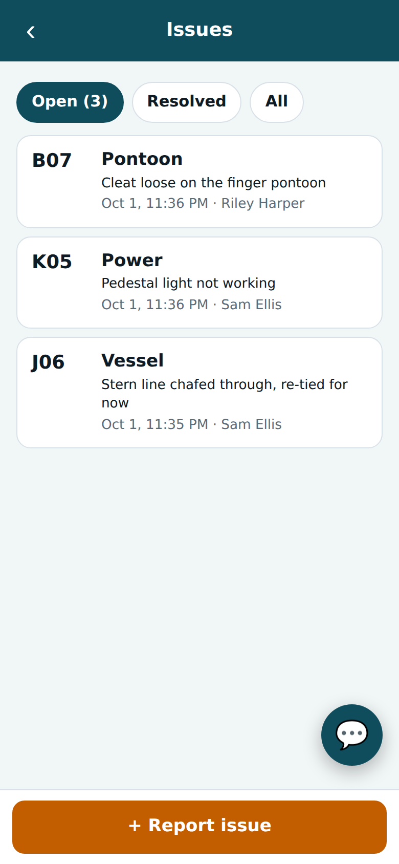 List of open issues by berth and type