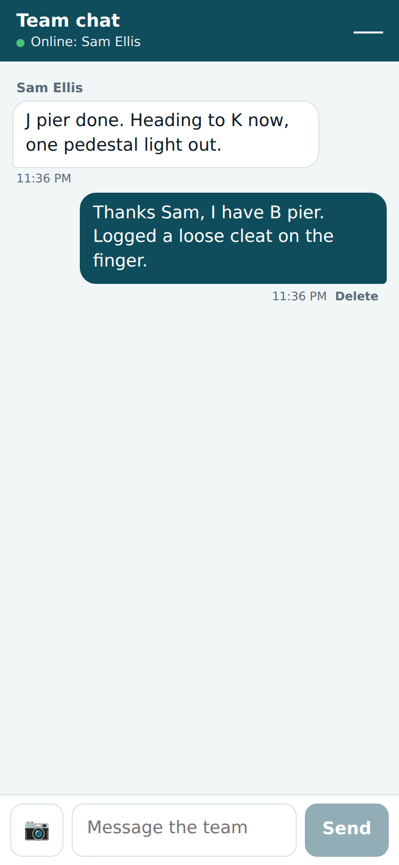 Team chat with messages and a photo