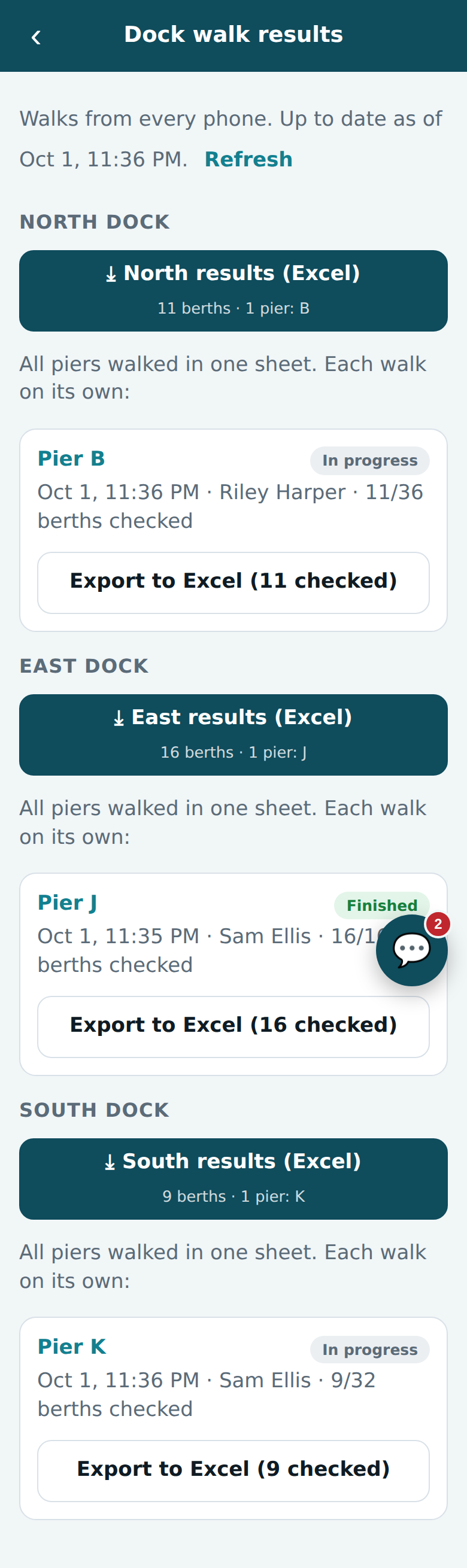 Results screen for downloading each dock's walk as Excel